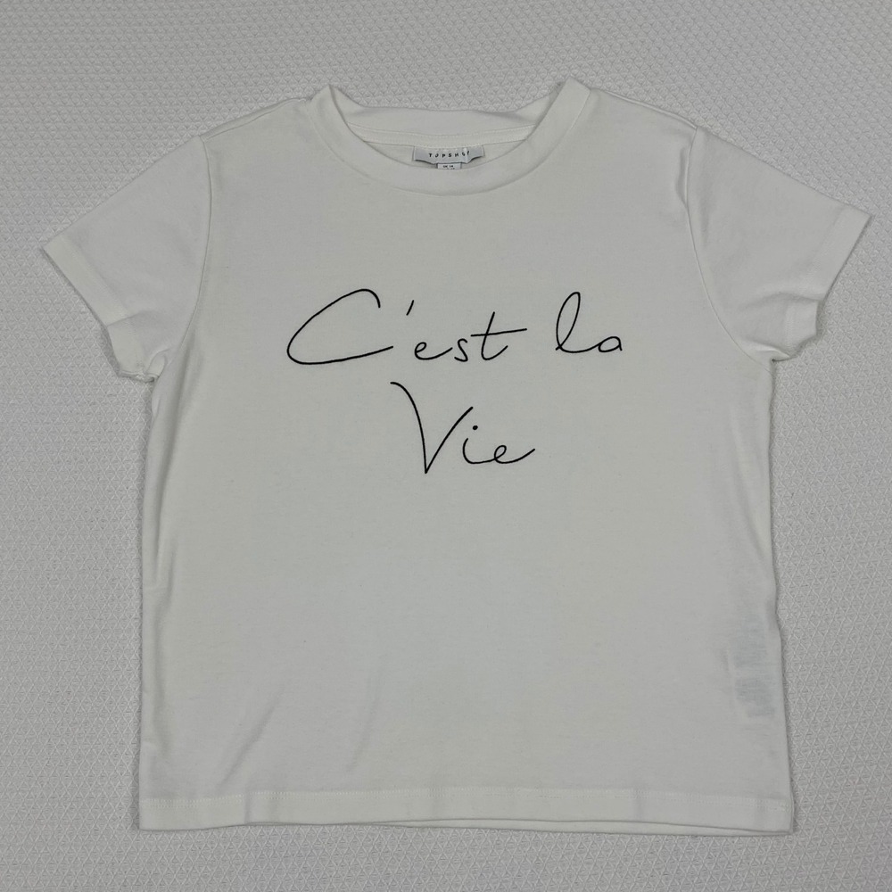 Topshop Womens US 10 Cest la Vie Graphic Baby T-Shirt White Cropped Fits XS SS